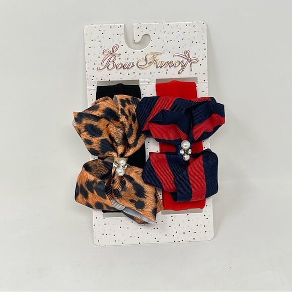 NWT! 2 Headband Set! Leopard print & Striped Pearl & CZ Diamond Bow Headbands - Picture 1 of 7